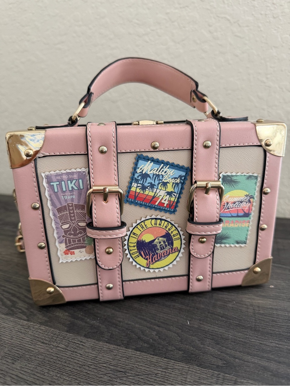 ALDO Pink Mini Trunk Crossbody Bag Gold Chain Travel Patch Purse